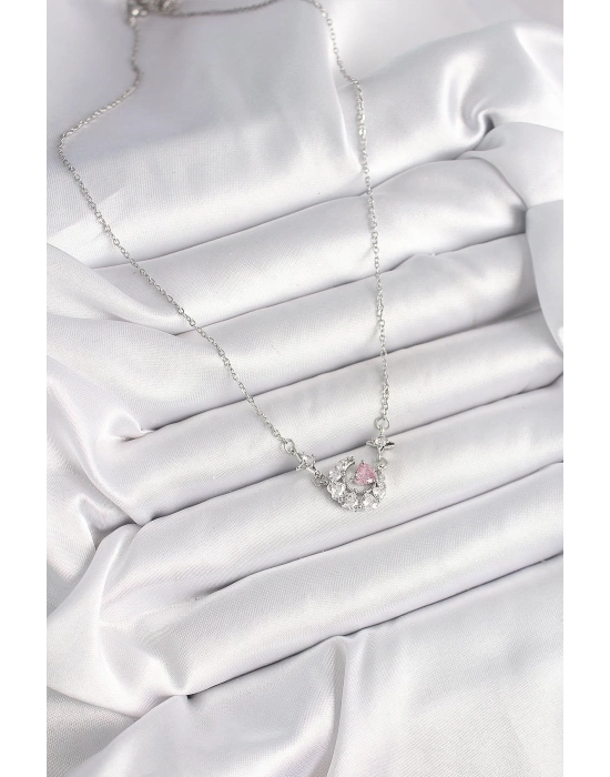 MuI MuI 316L Çelik Gümüş Renk Zirkon Taşlı Hilal Pembe Kalp Model Kadın Kolye