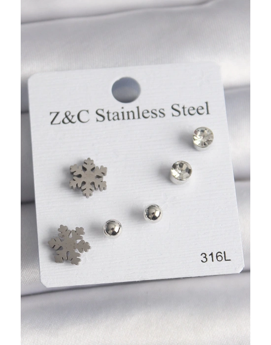 MuI MuI 316L Çelik Gümüş Renk Zirkon Taşlı Kar Tanesi Model Kadın Küpe Seti