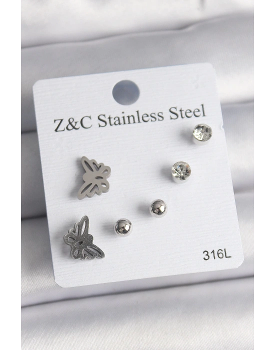 MuI MuI 316L Çelik Gümüş Renk Zirkon Taşlı Kelebek Model Kadın Küpe Seti