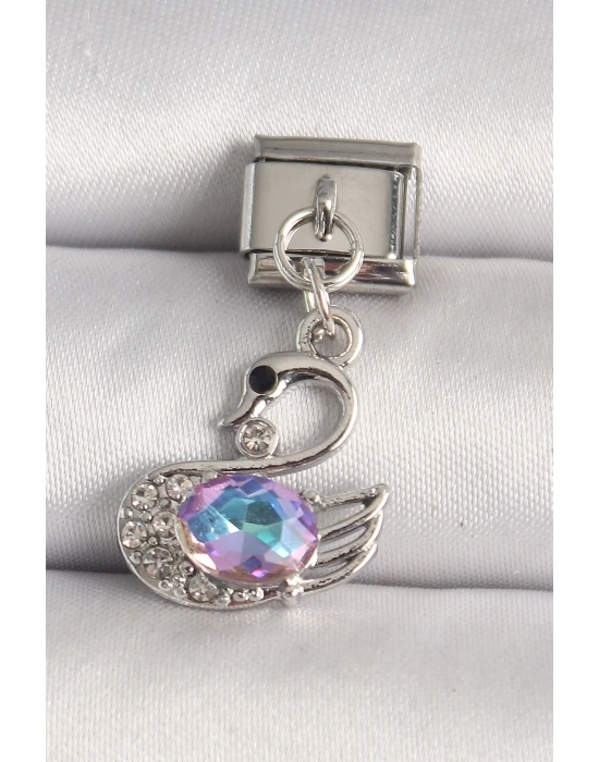 MuI MuI 316L Çelik Gümüş Renk Zirkon Taşlı Kuğu Model Nomination Charm