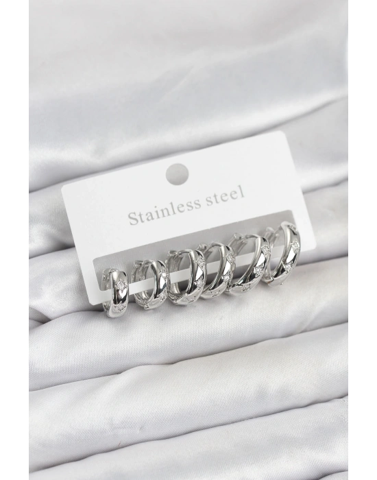 MuI MuI 316L Çelik Gümüş Renk Zirkon Taşlı Kutup Yıldızı Model Halka Küpe Seti