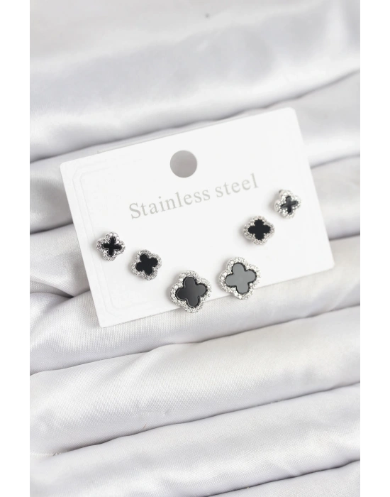 MuI MuI 316L Çelik Gümüş Renk Zirkon Taşlı Yonca Model Kadın Küpe Seti