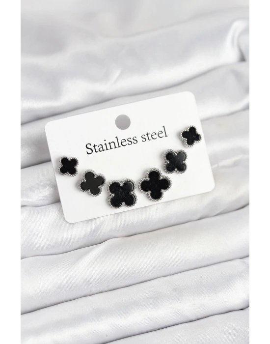 MuI MuI 316L Çelik Gümüş Siyah Renk 3 Boy Yonca Küpe Seti