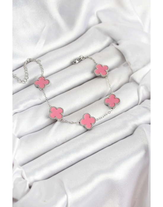 MuI MuI 316L Çelik Gümüş Zincir Pembe Renk Yonca Bileklik