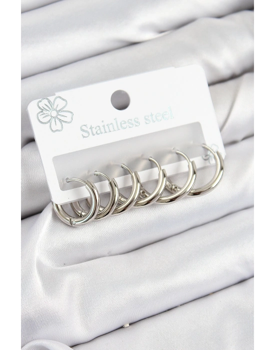 MuI MuI 316L Çelik Halka Model Gümüş Renk 3lü Set Kadın Küpe