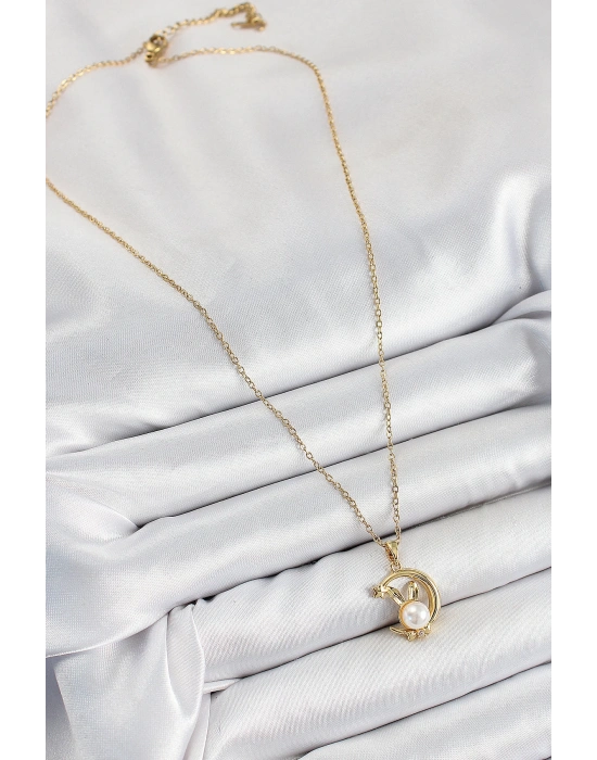 MuI MuI 316L Çelik İnci Detaylı Hilal Tavşan Model Gold Renk Kadın Kolye