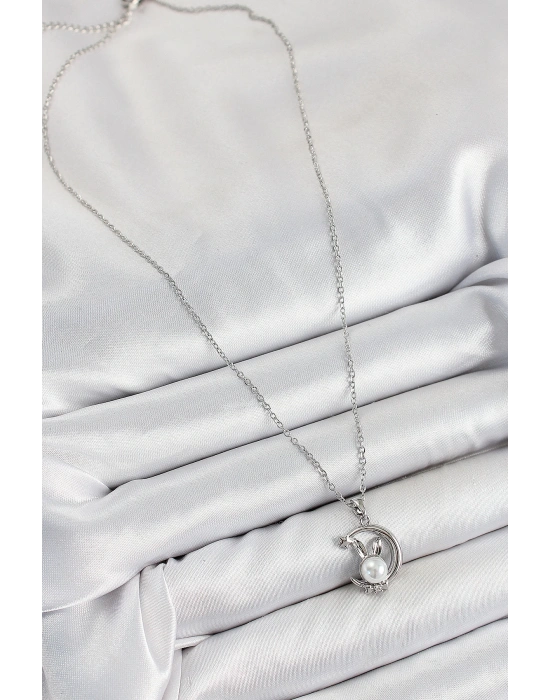 MuI MuI 316L Çelik İnci Detaylı Hilal Tavşan Model Gümüş Renk Kadın Kolye