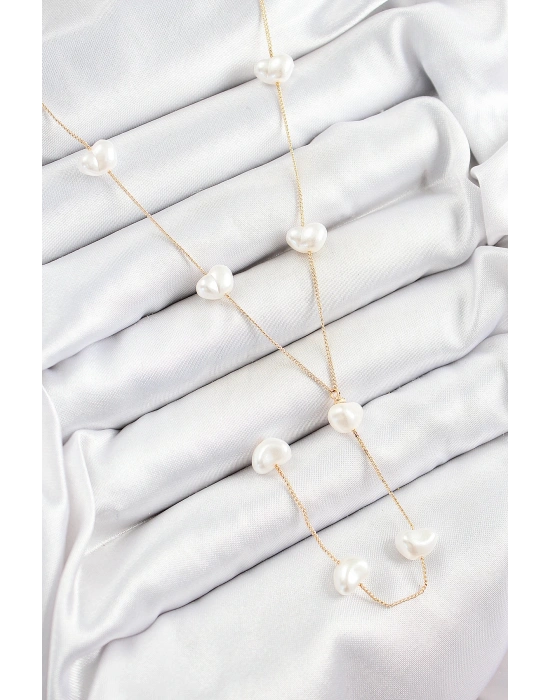 MuI MuI Pirinç İncili Kalp Figürlü Y Model Gold Renk Kadın Kolye