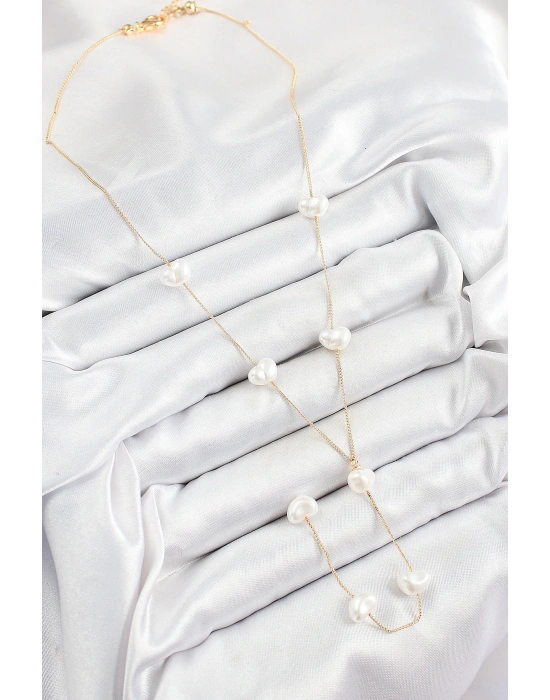 MuI MuI Pirinç İncili Kalp Figürlü Y Model Gold Renk Kadın Kolye