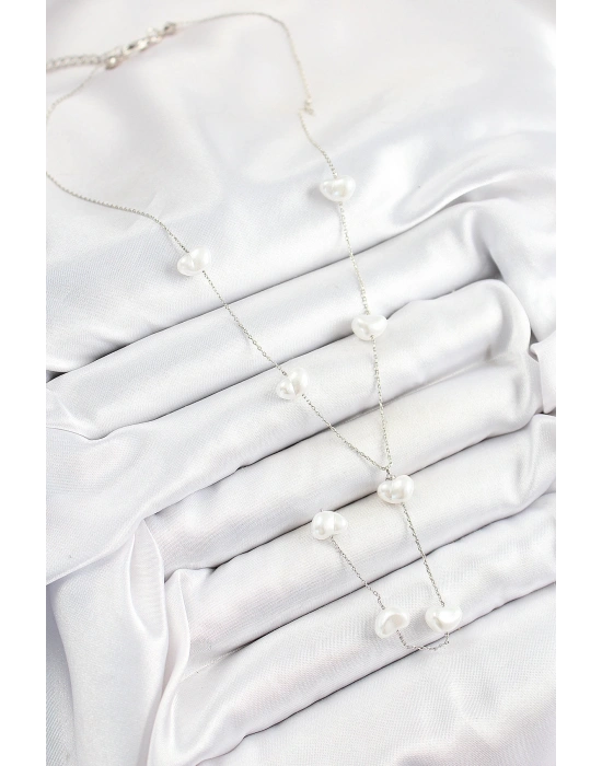 MuI MuI Pirinç İncili Kalp Figürlü Y Model Gümüş Renk Kadın Kolye