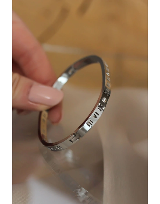 MuI MuI 316L Çelik Roma Rakamlı Silver Renk Bilezik Kelepçe