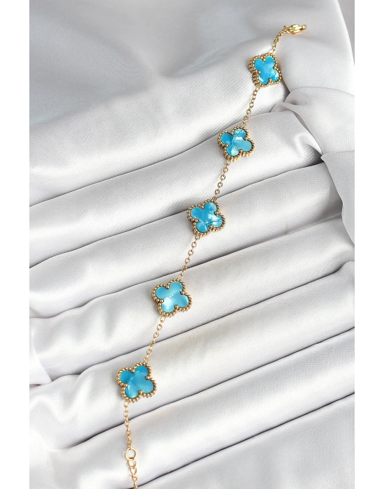 MuI MuI 316L Çelik Sedefli Gökyüzü Mavisi Gold Renk Yonca Kadın Bileklik