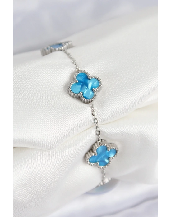 MuI MuI 316L Çelik Sedefli Gökyüzü Mavisi Gümüş Renk Yonca Kadın Bileklik