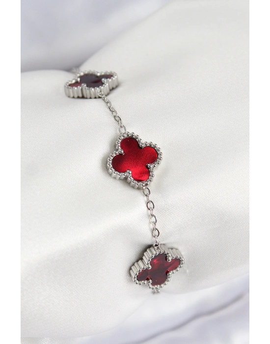 MuI MuI 316L Çelik Sedefli Kırmızı Gümüş Renk Yonca Kadın Bileklik