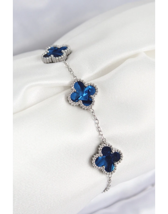 MuI MuI 316L Çelik Sedefli Lacivert Gümüş Renk Yonca Kadın Bileklik