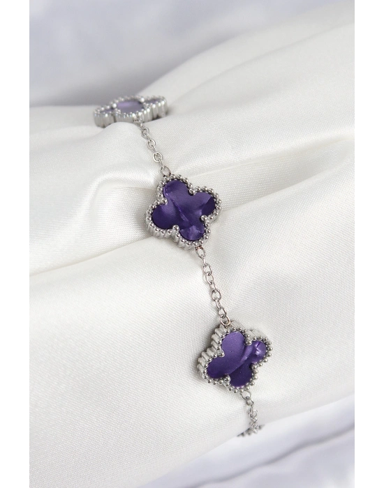 MuI MuI 316L Çelik Sedefli Mor Gümüş Renk Yonca Kadın Bileklik