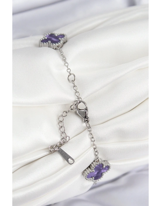 MuI MuI 316L Çelik Sedefli Mor Gümüş Renk Yonca Kadın Bileklik