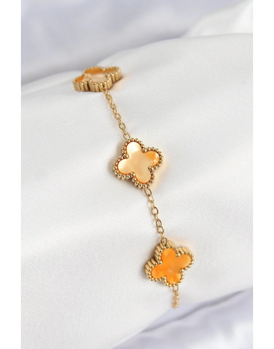 MuI MuI 316L Çelik Sedefli Turuncu Gold Renk Yonca Kadın Bileklik