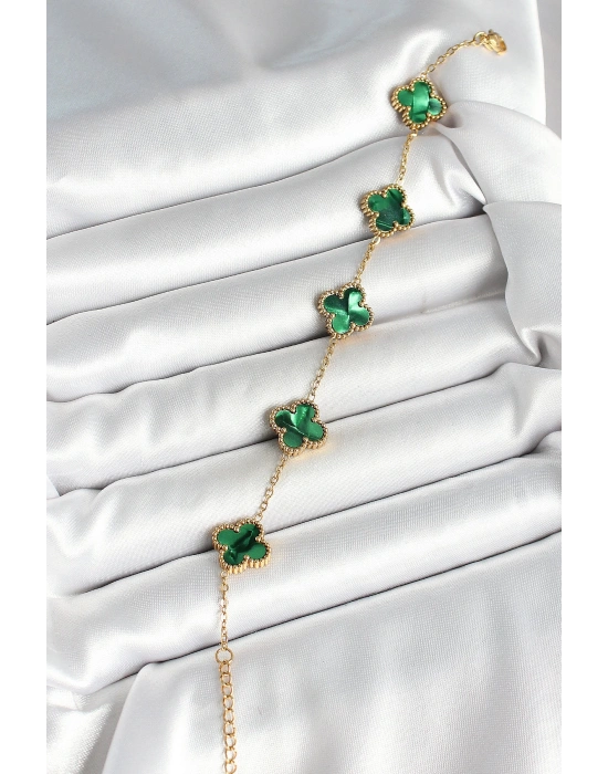 MuI MuI 316L Çelik Sedefli Zümrüt Yeşil Gold Renk Yonca Kadın Bileklik