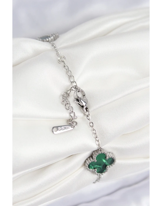 MuI MuI 316L Çelik Sedefli Zümrüt Yeşil Gümüş Renk Yonca Kadın Bileklik