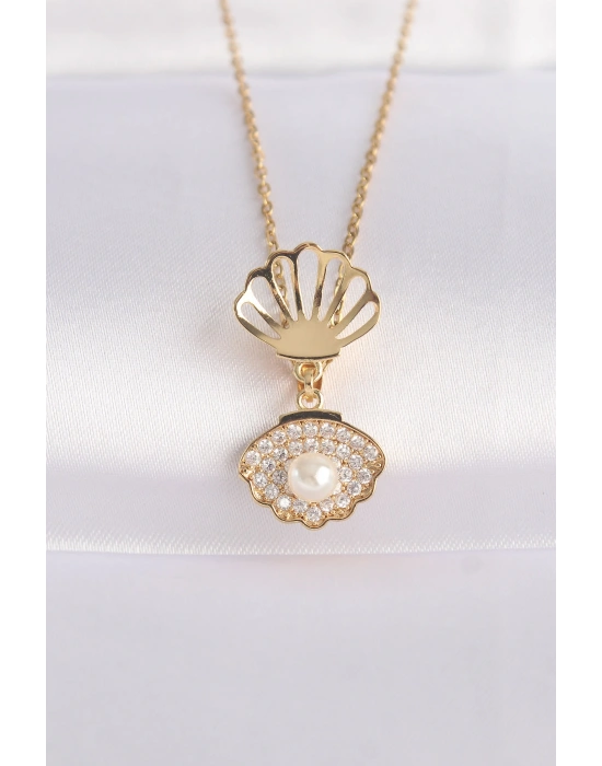 MuI MuI 316L Çelik Zincir Altın Renk Zirkon Taşlı İnci Detay İstiridye Kolye