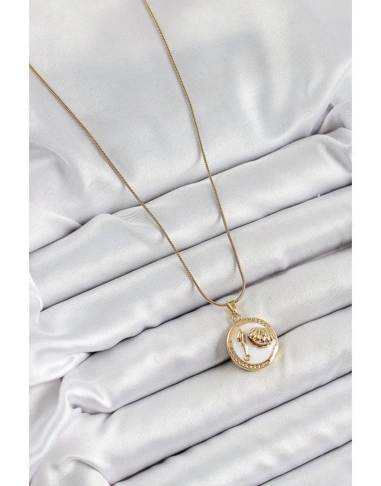 MuI MuI 316L Çelik Zincir Beyaz Mineli Sanatsal Portre İstiridye Model Gold Renk Kadın Kolye