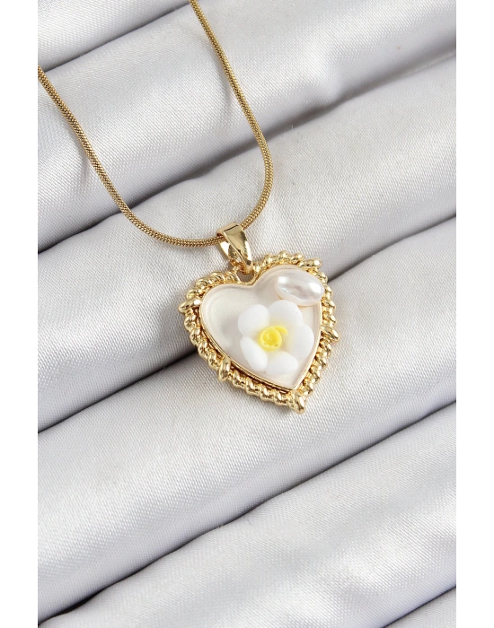 MuI MuI 316L Çelik Zincir Beyaz Sanatsal Portre İnci Detaylı Papatya Figürlü Kalp Model Gold Renk Kadın Kolye