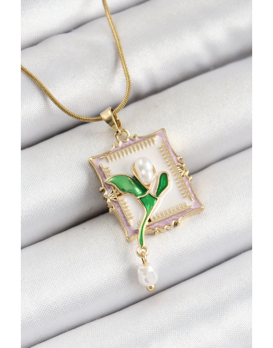 MuI MuI 316L Çelik Zincir Beyaz Sanatsal Portre Sallantılı İnci Detaylı Lale Model Gold Renk Kadın Kolye