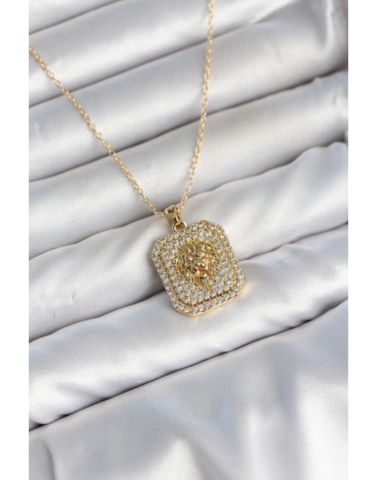 MuI MuI 316L Çelik Zincir Gold Aslan Madalyon Model Zirkon Taşlı Kadın Kolye