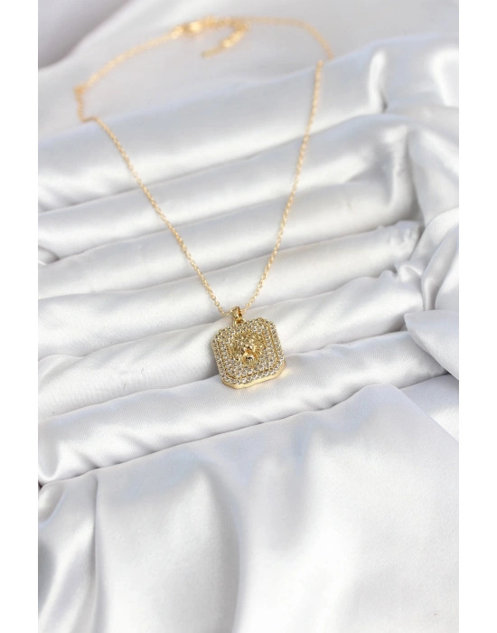 MuI MuI 316L Çelik Zincir Gold Aslan Madalyon Model Zirkon Taşlı Kadın Kolye