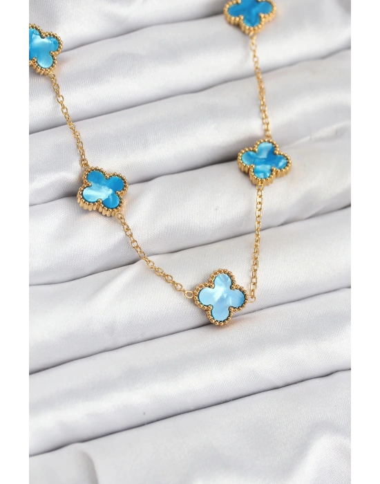 MuI MuI 316L Çelik Zincir Gold Buz Mavisi Renk Yonca Kolye