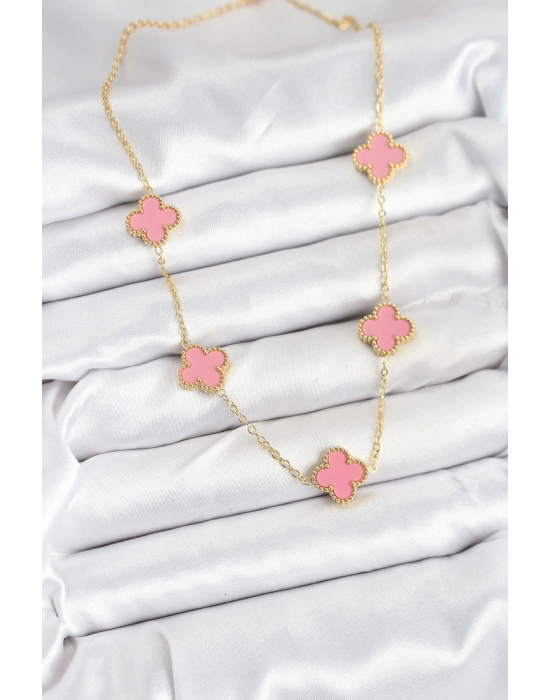 MuI MuI 316L Çelik Zincir Gold Pembe Renk Yonca Kadın Kolye