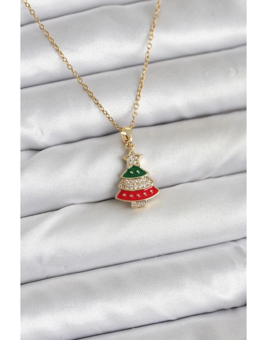 MuI MuI 316L Çelik Zincir Gold Ren Çam Ağacı Model Zirkon Taşlı Yılbaşı Temalı Kadın Kolye