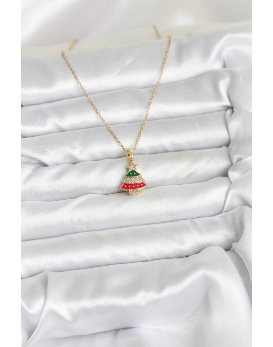 MuI MuI 316L Çelik Zincir Gold Ren Çam Ağacı Model Zirkon Taşlı Yılbaşı Temalı Kadın Kolye