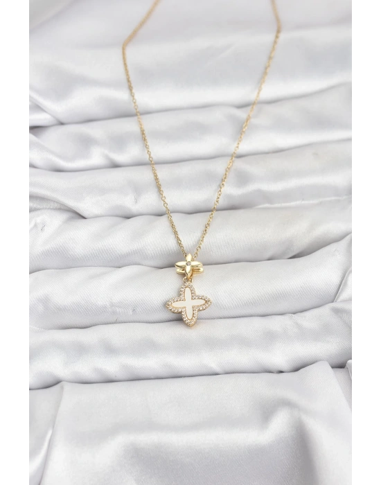 MuI MuI 316L Çelik Zincir Gold Renk 4 Yapraklı Yonca Model Zirkon Taşlı Kadın Kolye