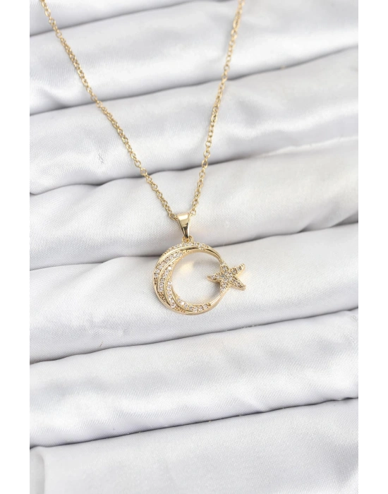 MuI MuI 316L Çelik Zincir Gold Renk Ay Yıldız Model Zirkon Taşlı Kadın Kolye