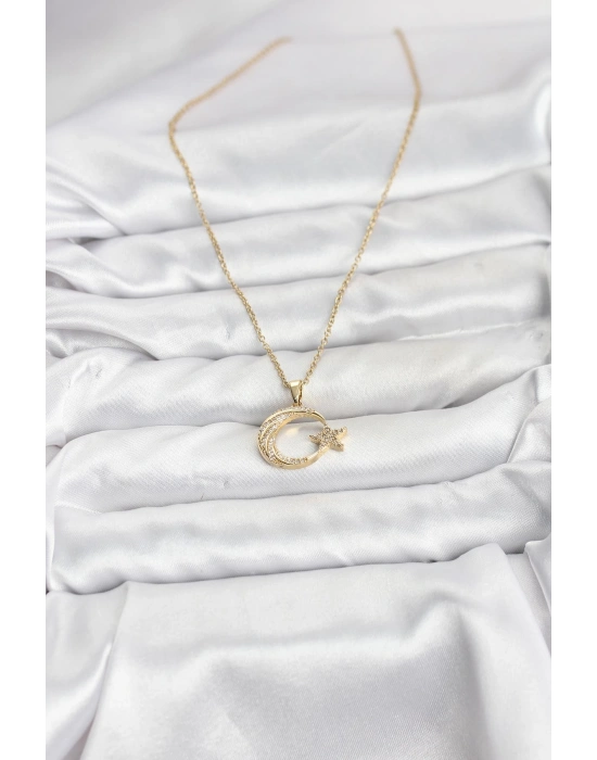 MuI MuI 316L Çelik Zincir Gold Renk Ay Yıldız Model Zirkon Taşlı Kadın Kolye