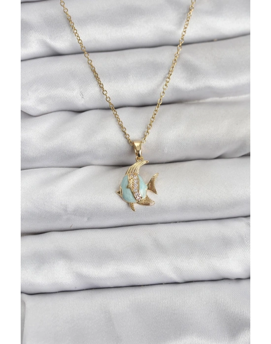 MuI MuI 316L Çelik Zincir Gold Renk Balık Model Zirkon Taşlı Kadın Kolye