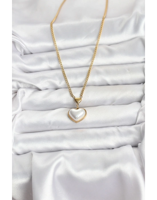 MuI MuI 316L Çelik Zincir Gold Renk Bombeli Kalp Model Kadın Kolye