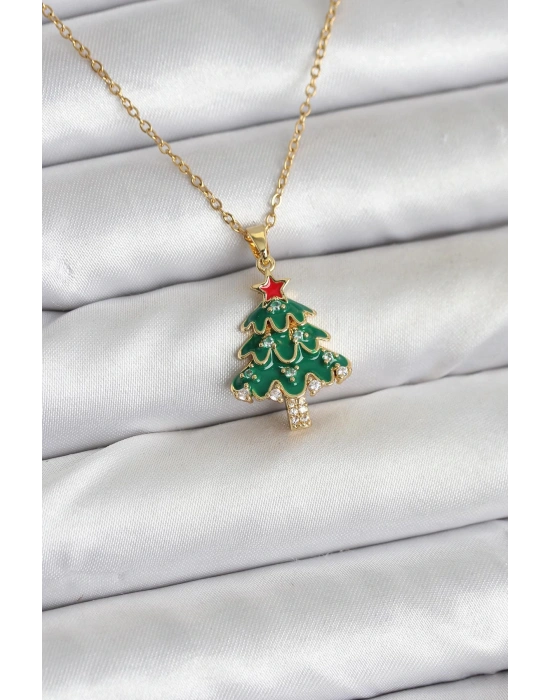 MuI MuI 316L Çelik Zincir Gold Renk Çam Ağacı Model Yılbaşı Temalı Kadın Kolye