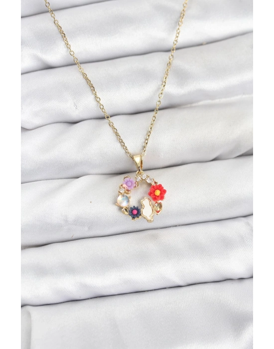 MuI MuI 316L Çelik Zincir Gold Renk Çiçekli Kedili Model Kadın Kolye