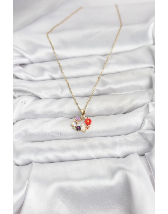 MuI MuI 316L Çelik Zincir Gold Renk Çiçekli Kedili Model Kadın Kolye