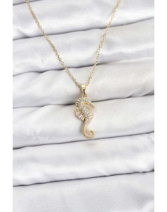 MuI MuI 316L Çelik Zincir Gold Renk Deniz Atı Model Zirkon Taşlı Kadın Kolye