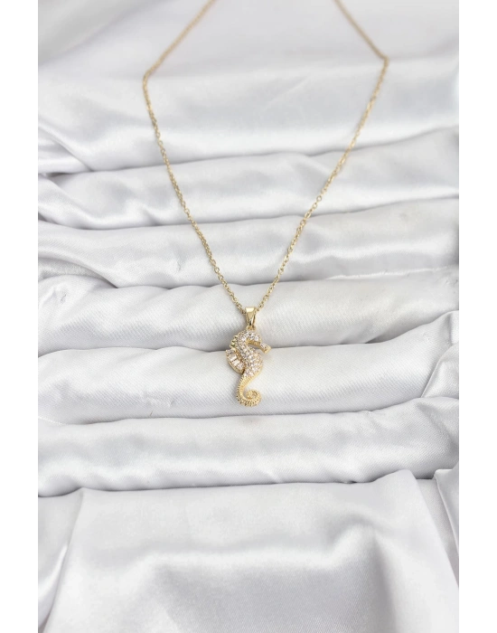 MuI MuI 316L Çelik Zincir Gold Renk Deniz Atı Model Zirkon Taşlı Kadın Kolye