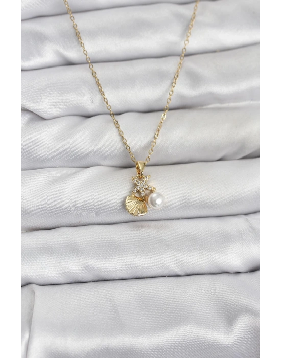 MuI MuI 316L Çelik Zincir Gold Renk Deniz Kabuğu ve Deniz Yıldızı Model Zirkon Taşlı Kadın Kolye