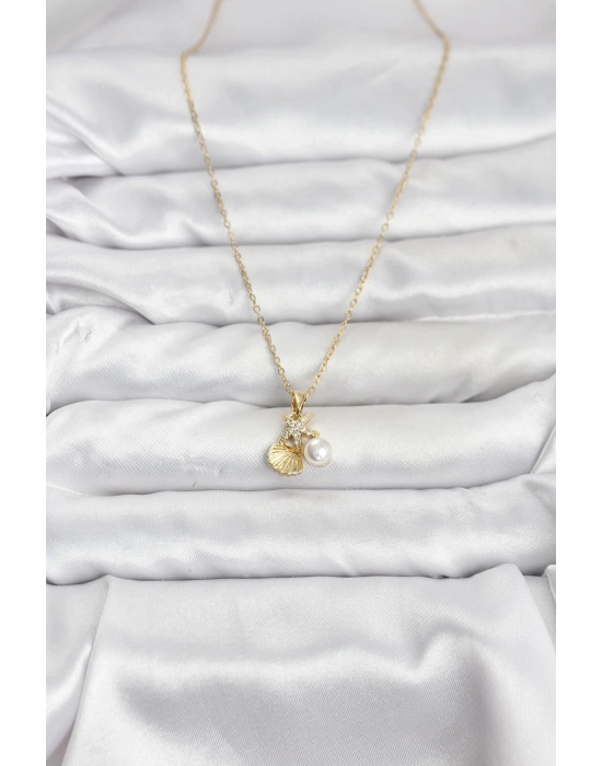 MuI MuI 316L Çelik Zincir Gold Renk Deniz Kabuğu ve Deniz Yıldızı Model Zirkon Taşlı Kadın Kolye