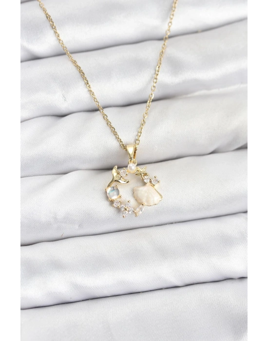 MuI MuI 316L Çelik Zincir Gold Renk Deniz Tema Model Zirkon Taşlı Kadın Kolye