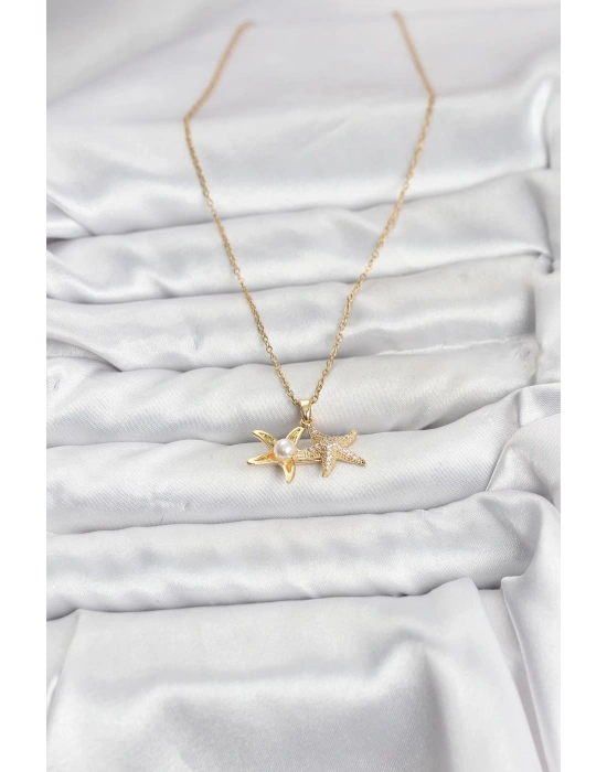 MuI MuI 316L Çelik Zincir Gold Renk Deniz Yıldızı Model Zirkon Taşlı Kadın Kolye