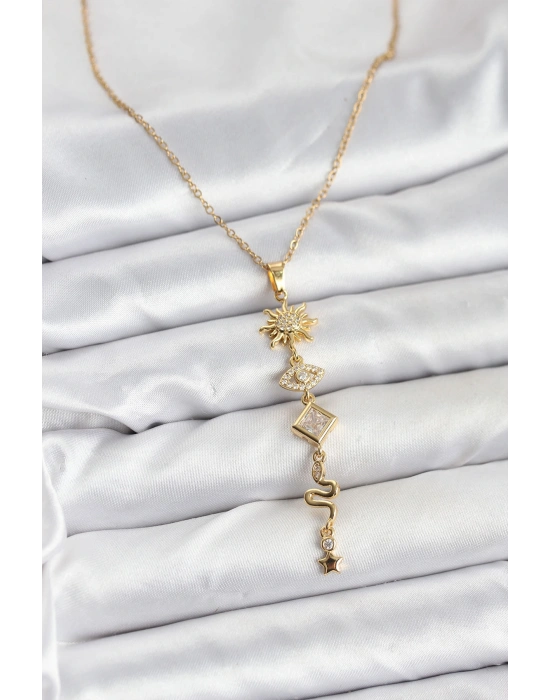 MuI MuI 316L Çelik Zincir Gold Renk Güneş ve Enerji Model Kadın Y Kolye