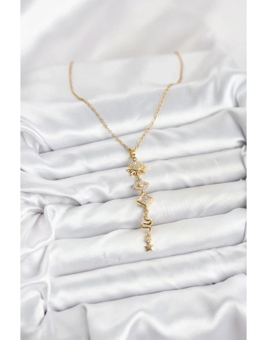 MuI MuI 316L Çelik Zincir Gold Renk Güneş ve Enerji Model Kadın Y Kolye